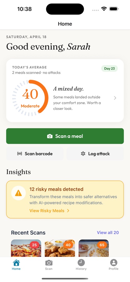 GallDiet home screen showing today's average safety score