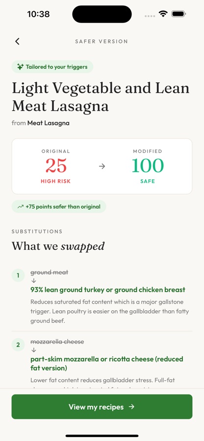 Safer version screen showing substitutions for ground meat and mozzarella cheese