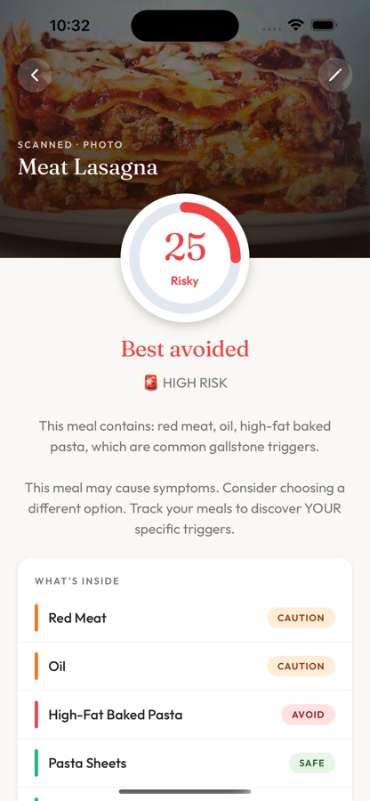 Scan result for meat lasagna with safety score 25